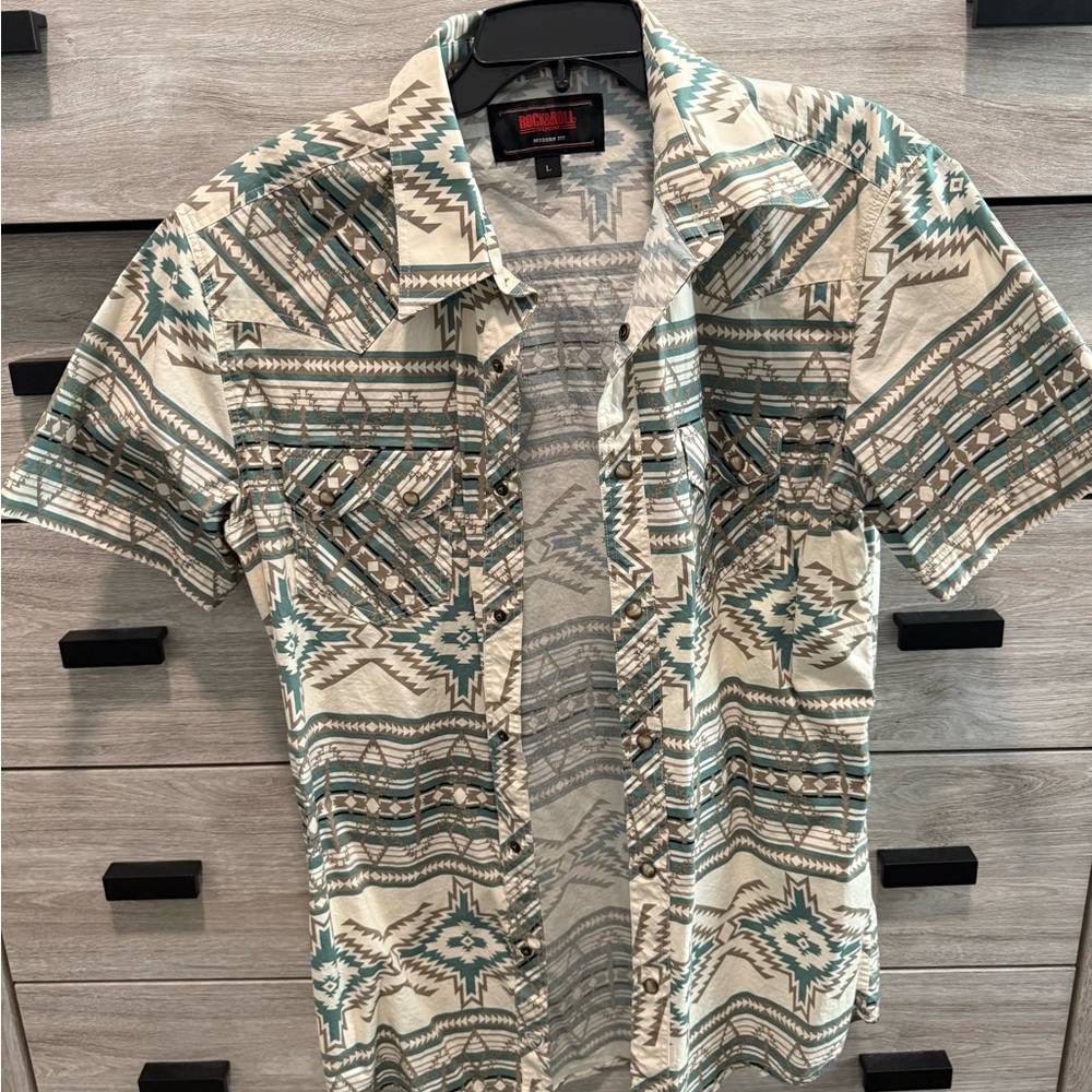 Rock & Roll Denim Cream and Green Geometric Button Down Shirt
